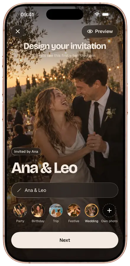 Creating a film in the PlusOne app: the invitation with cover and title